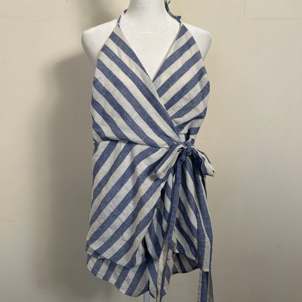 Luxxel Striped Halter Wrap Romper Blue White Women's Medium Excellent